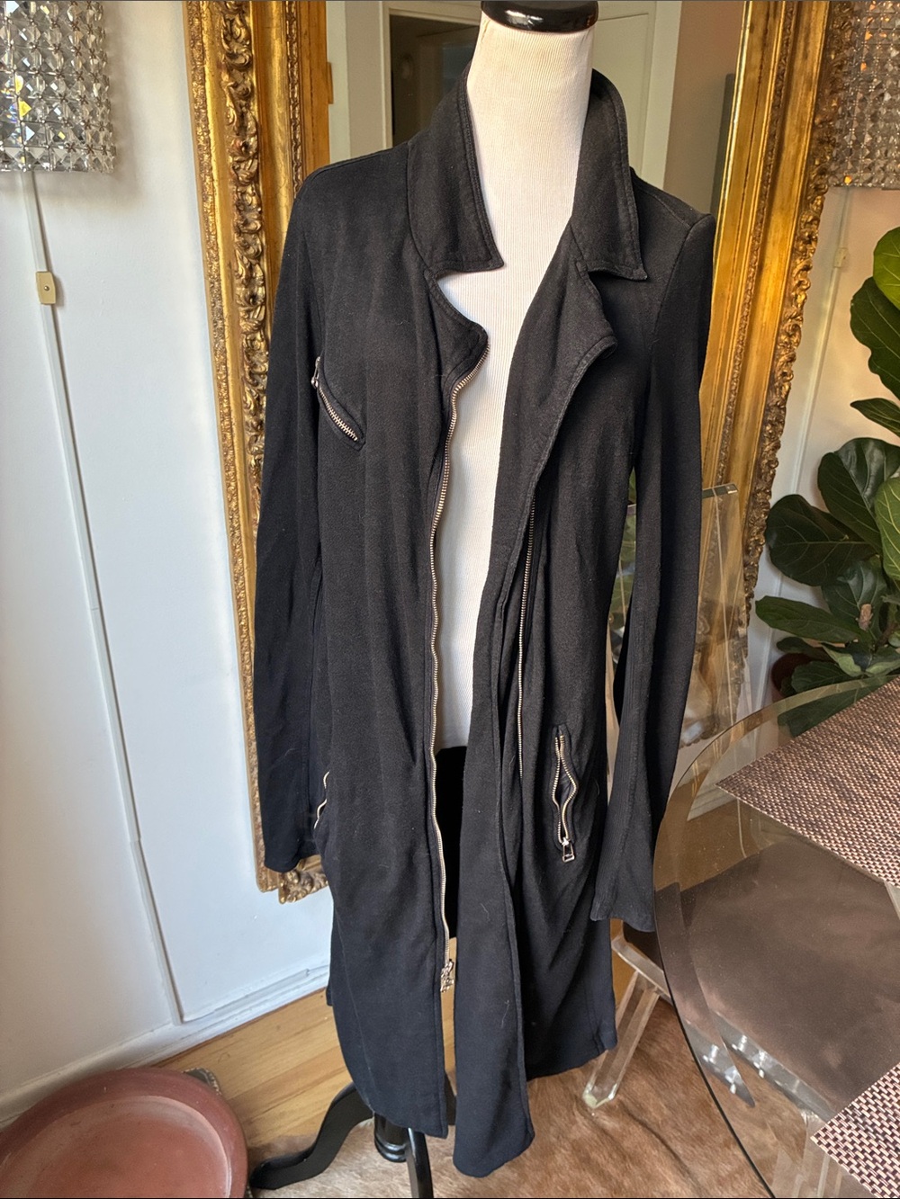 Theodore Beverly Hills Black Long Open-Front Women’s Coat Jacket large